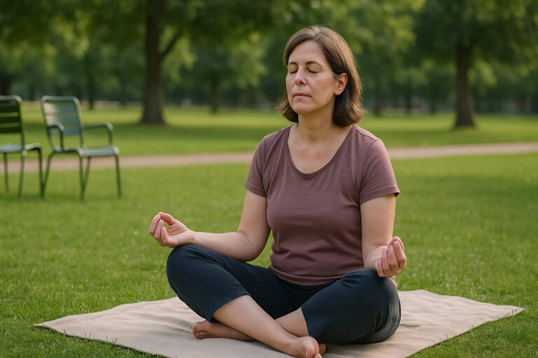 Donna che pratica meditazione al parco