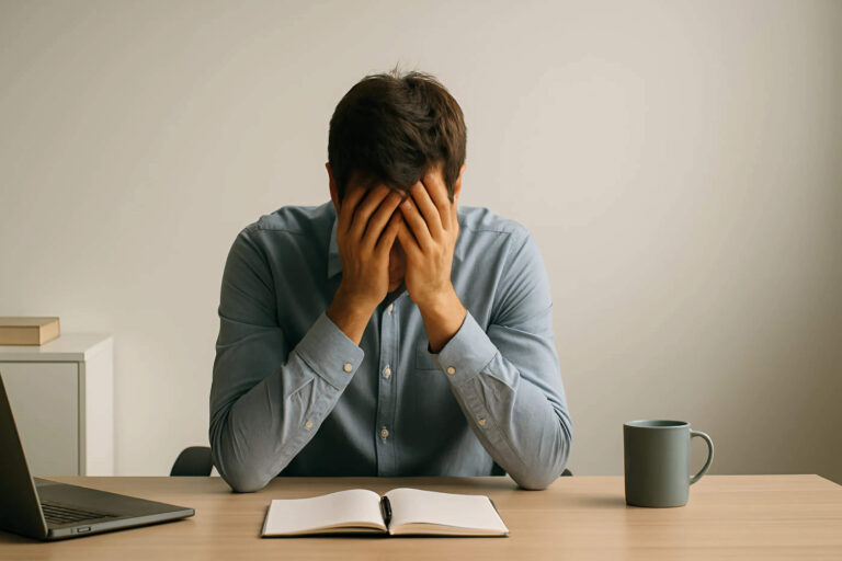 Persona in burnout, evidentemente stressata, seduta alla scrivania