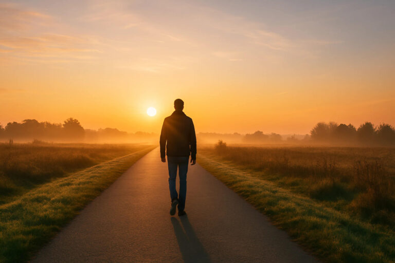 Persona che ritrova speranza camminando verso un'alba