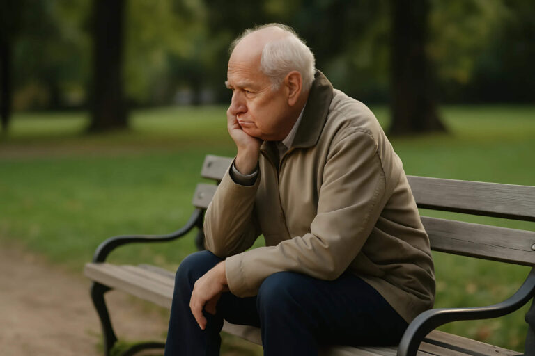 Anziano in solitudine seduto su una panchina al parco