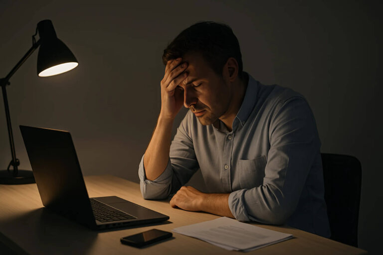 Lavoratore visibilmente stressato davanti al computer in ufficio